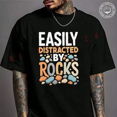 Easily Distracted By Rocks Funny Rocks Motorcycle T-Shirt For Riders Men's Cotton Casual Round