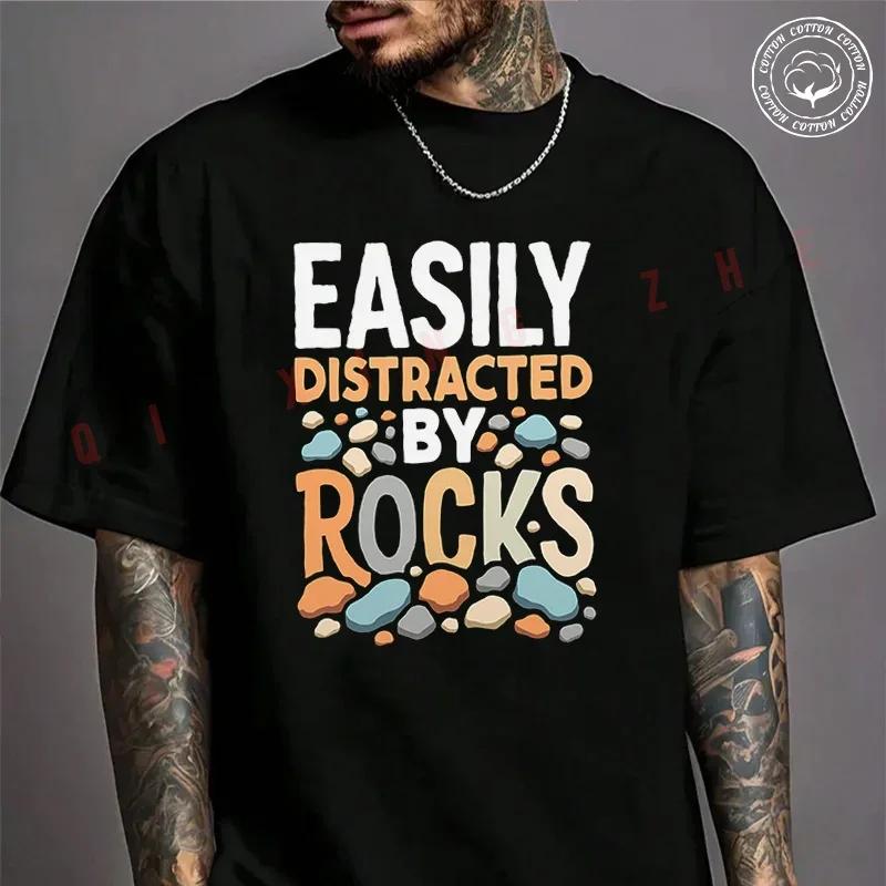 Easily Distracted By Rocks Funny Rocks Motorcycle T-Shirt For Riders Men's Cotton Casual Round
