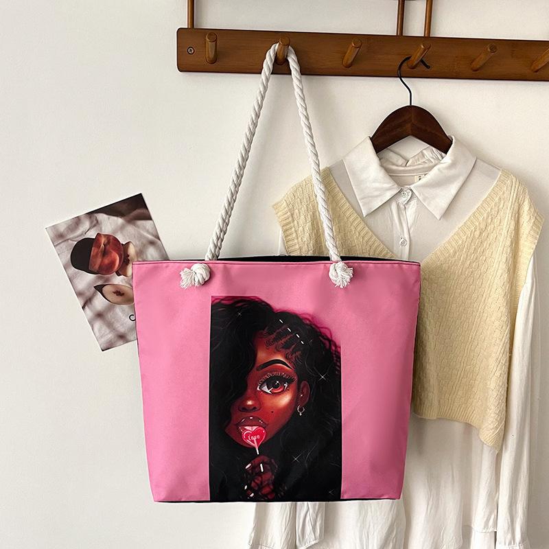 Classic Outdoor Practical Retro Canvas Tote Bag Cartoon Print Handheld Beach Bag Large Capacity CLE