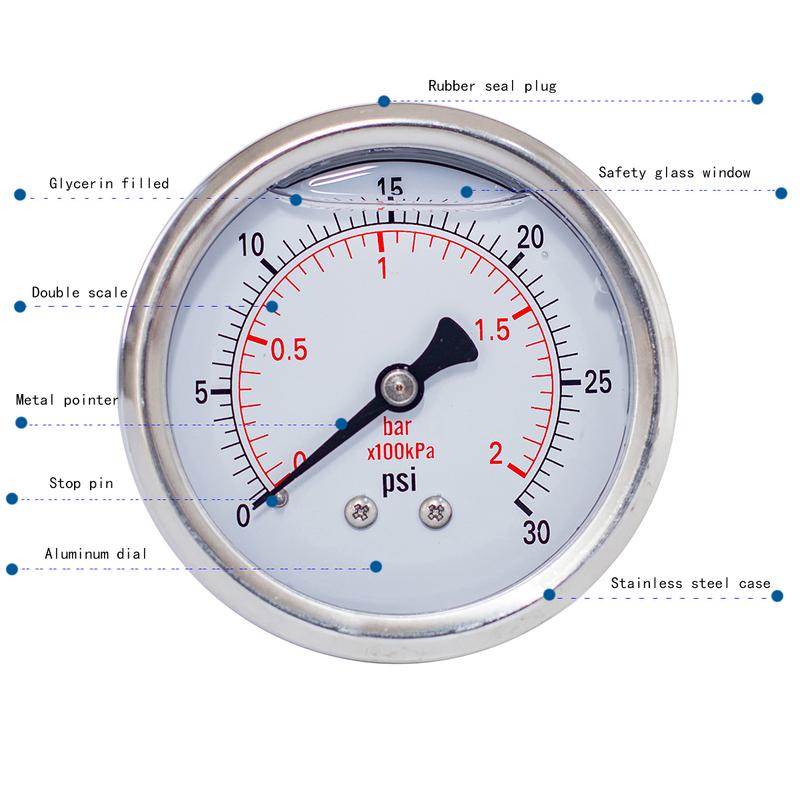 JIVTO Glycerine Filled Pressure Gauge 2.5 Inch Dia 1/4 NPT Back Mount 30,60,100 Psi & Bar