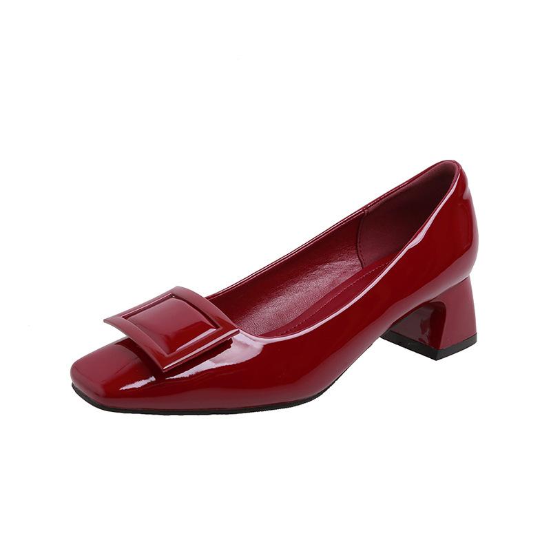 Square-buttoned, Thick-soled Shoes with Square Toes, Elegant High Heels, Single Women's Shoes