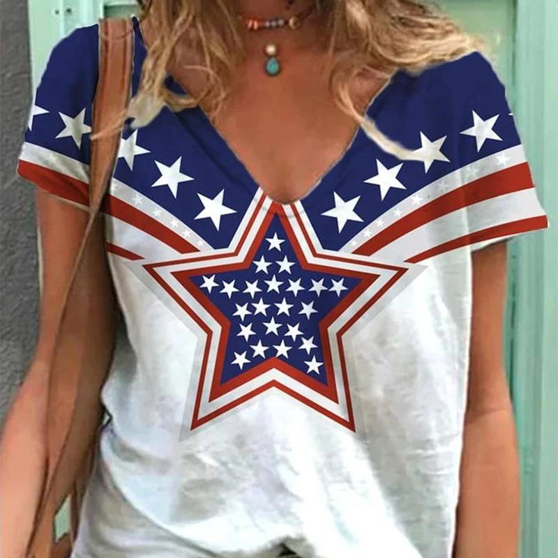 Summer V-neck 3D American Flag Printed Top Fashionable Casual Short Sleeved Women's T-shirts