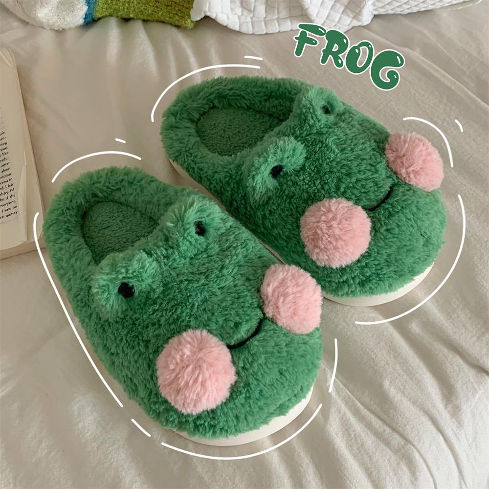 Fashion Lovely Frog Fluffy Slippers for Women 2025 Winter Anti Slip Warm Plush Home Slipper Lady Thick Platform Household Cotton Shoes