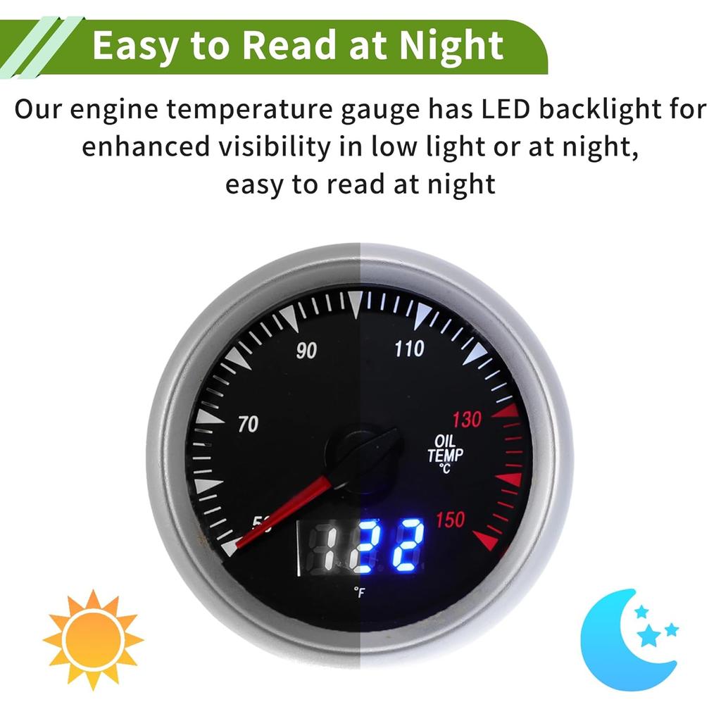 Oil Temp Temperature Gauge Meter Kit Silver Tone Engine Temp Gauge 2" 52mm White 50Degrees Celsius-150Degrees Celsius