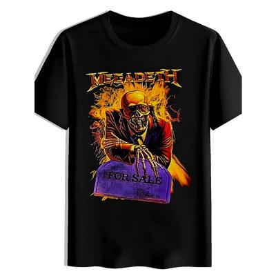 European Sizes Men'S Vintage Rock Band Graphic T-Shirt - Meadeth for Deal Skull & Flame Design, Black Casual Summer Tee, Perfect for Travel,