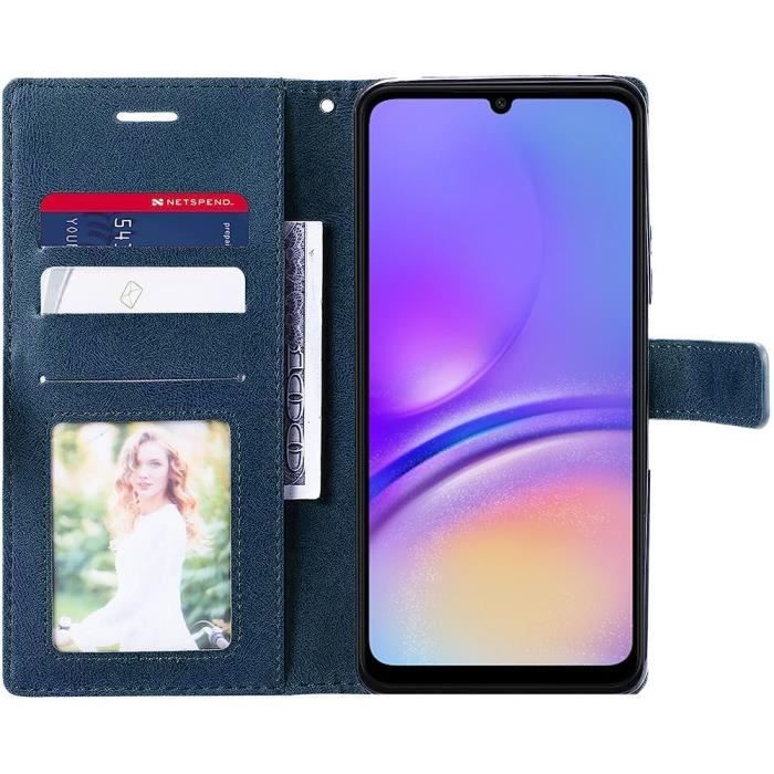 Coque pour Samsung Galaxy A05 avec 2 Verres Trempés, Antichoc avec Poche à Cartes Effet Cuir Bleu Marine (pas pour A05s)