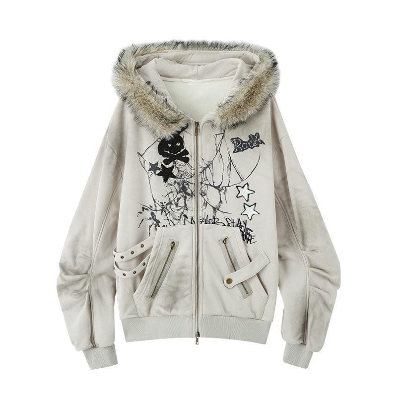 Women`s Grey Heather Y2K Print Fleece-Lined