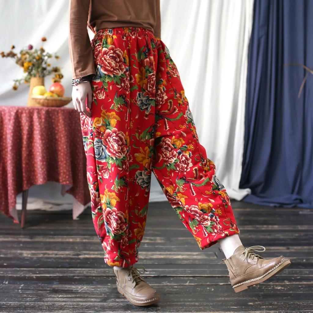 Johnature Dámské teplé kalhoty Vintage Plus s elastickým pasem Zimní kalhoty Červené květinové kalhoty v čínském stylu