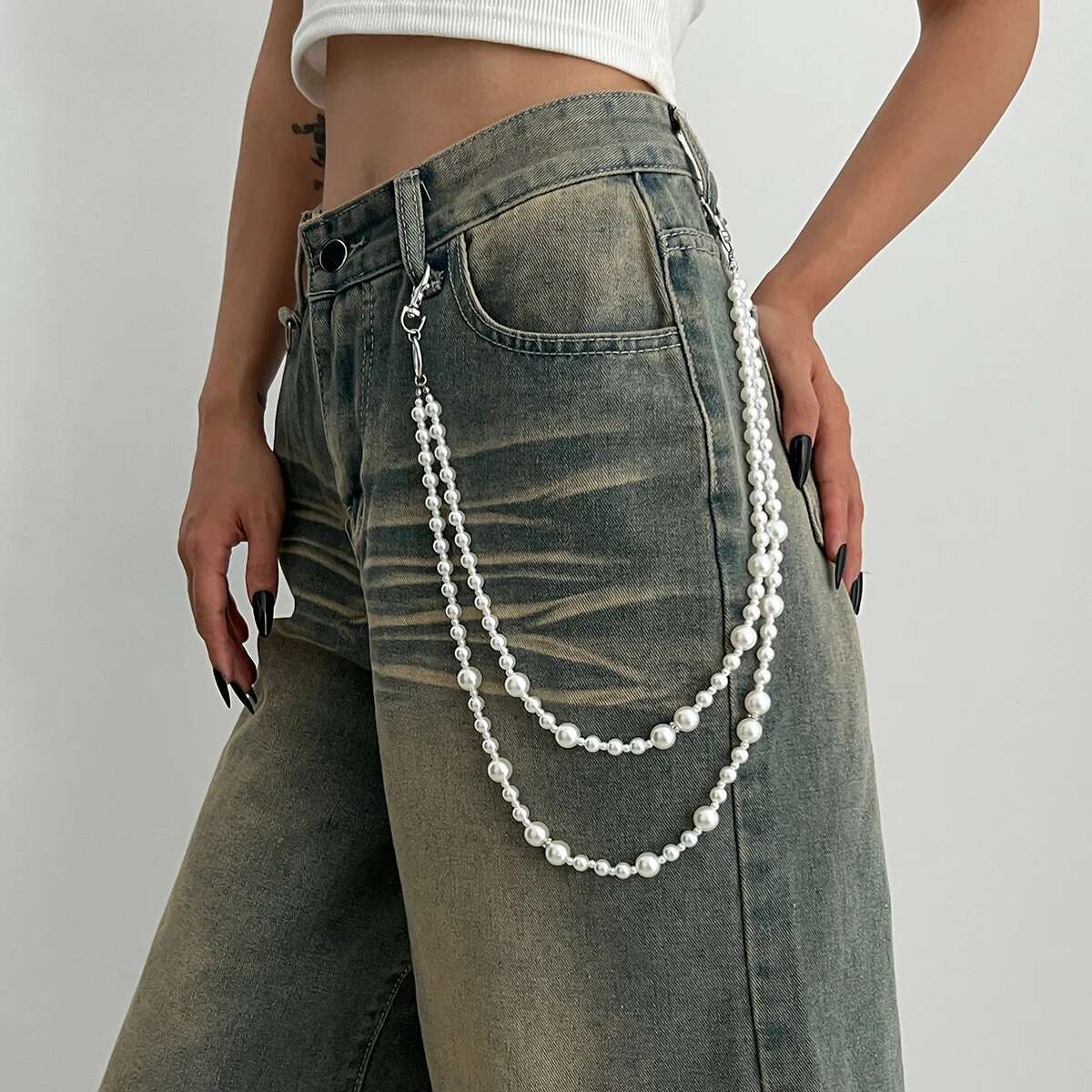 

SHIXIN Exquisite Double Layer Imitation Pearl Keychain Wallet Belt Chain Women Men Hip Hop Jeans Accessories Hipster Pants Chain
