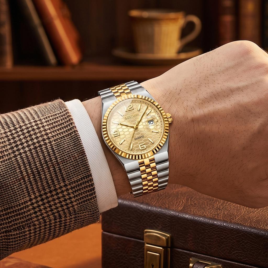 BestWin Brand Luxury Watch Waterproof Full Stainless Steel Luminous Date Week Quartz Fashion Watches For Business Men Watches