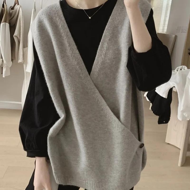 Dámská vesta s výstřihem do V, bez rukávů, pletený svetr vestička, oversized volný střih, volný svetr, ležérní, univerzální, bez rukávů, svetr vestička