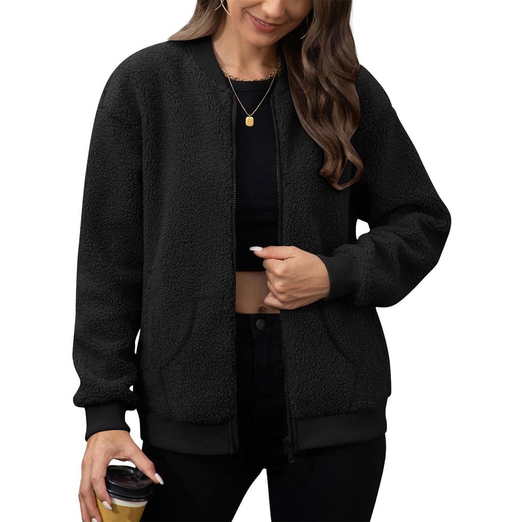 Women's Fashionable Solid Color Long Sleeved Zipper Jacket, Baseball Stand Up Collar Pocket Casual Jacket