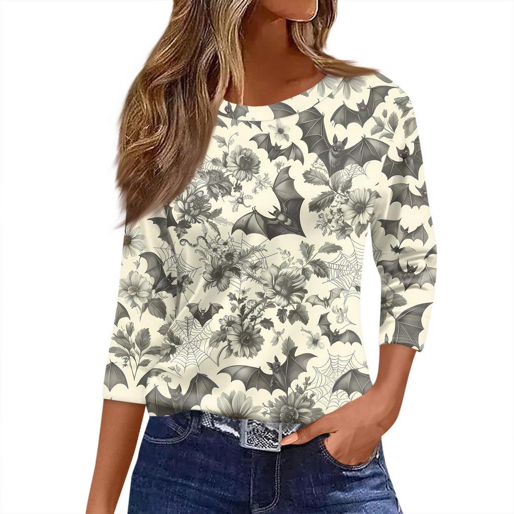 Damski T-shirt z nadrukiem na Halloween, rękaw 3/4, codzienny, modny, podstawowy, z okrągłym dekoltem, regularny top