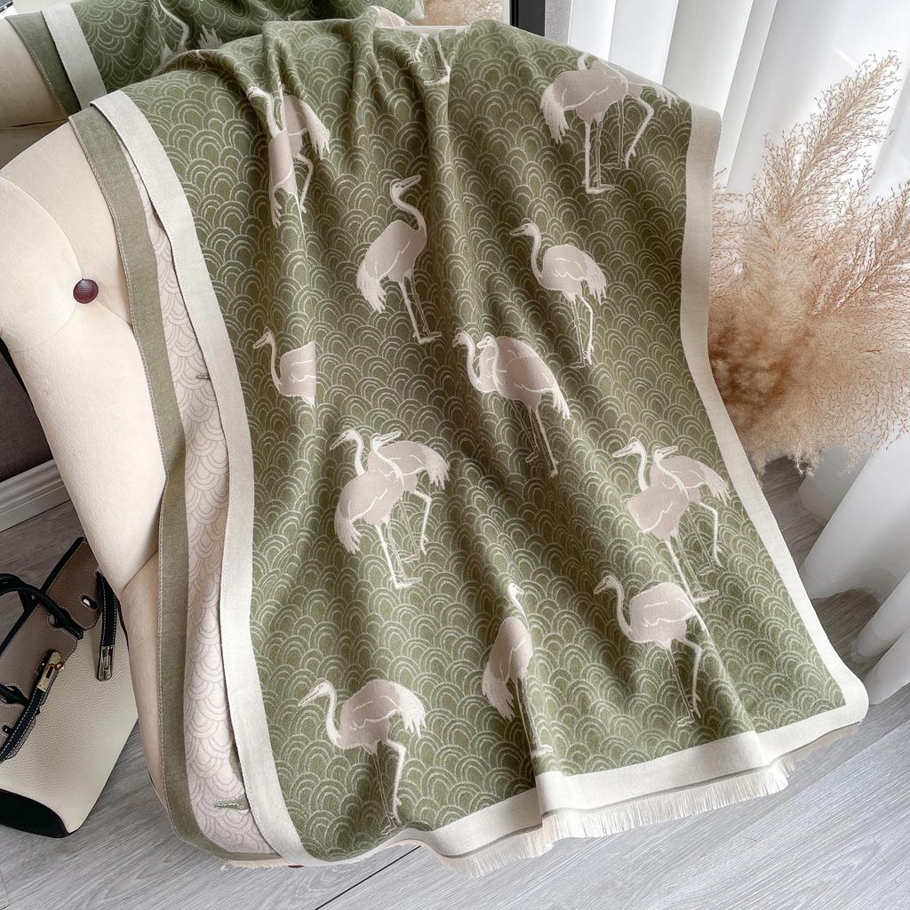 Crane Picture Imitation Cashmere Thickened Scarf Scarf Women'S Extended Printed Fashionable Simple Shawl