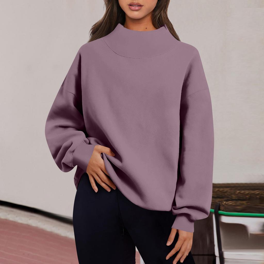 Women's Fashion Solid Color Long Sleeve Loose Slit Half Turtleneck Pullover Sweatshirt Top
