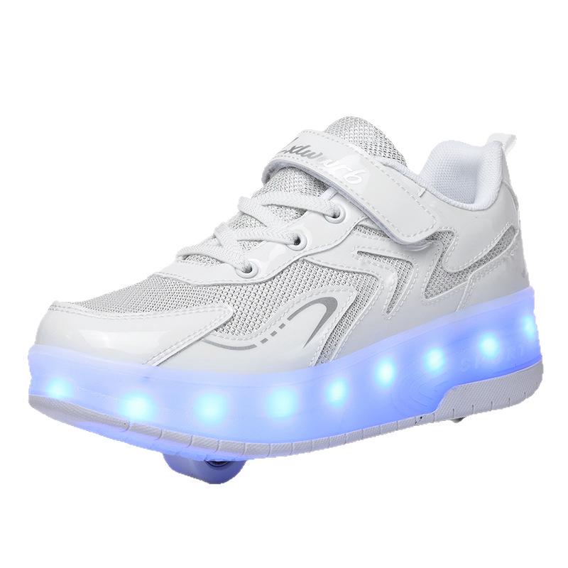 Children's Purple and White Convertible Four-Wheel Roller Shoes with Double-Wheel Hidden Skates