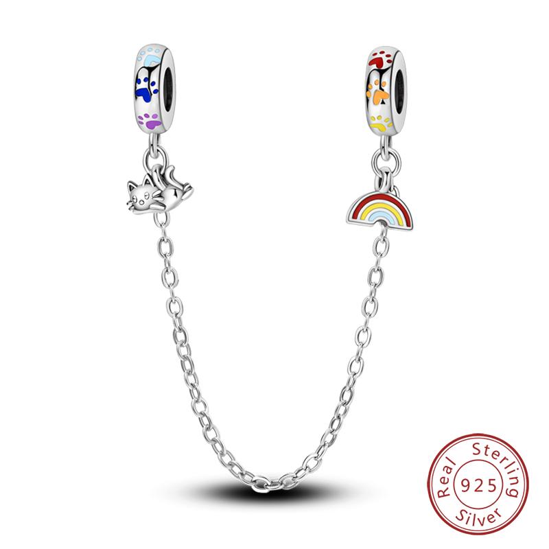Real 925 Silver Stars & Moon Sunflower Safety Chains Spacer Beads Charms Fit Qikaola 925 Bracelets DIY Jewelry