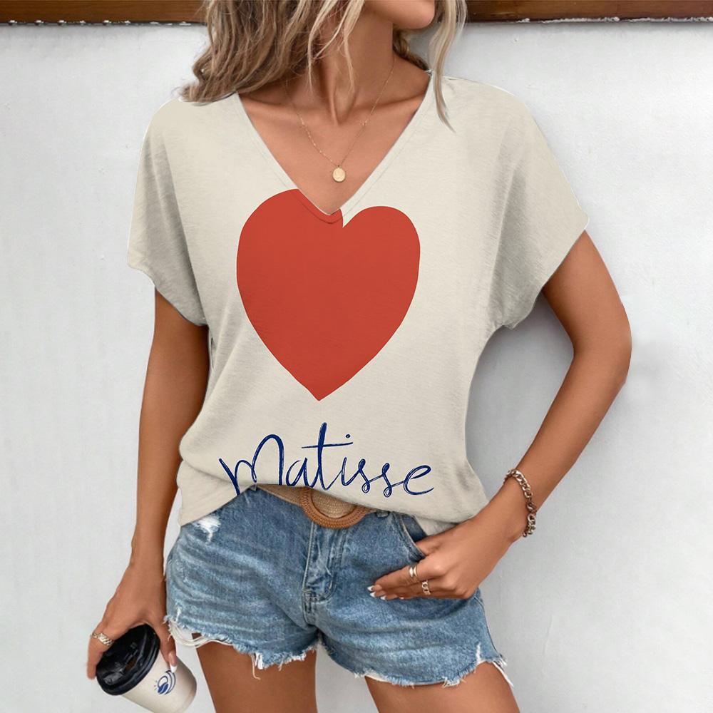 2024 Sommer Freizeit Bequemes T-Shirt Damen Elegantes V-Ausschnitt T-Shirt Mode Herzförmiges Muster Druck Kurzarm T-Shirt