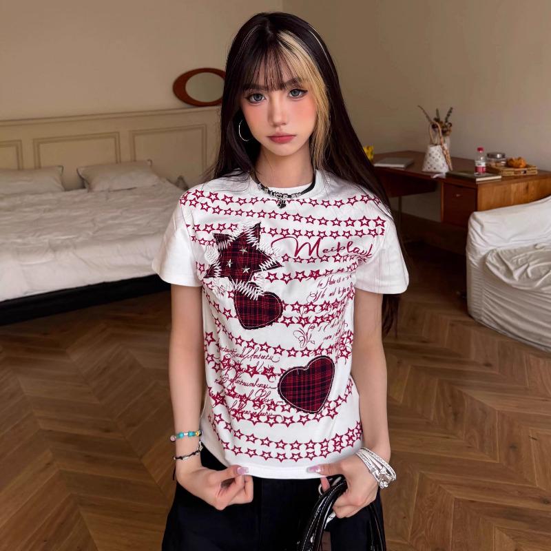 Girls Y2K T-shirts Star Heart Printed Tees For Women Shorts Sleeve Fashion Sexy Tops