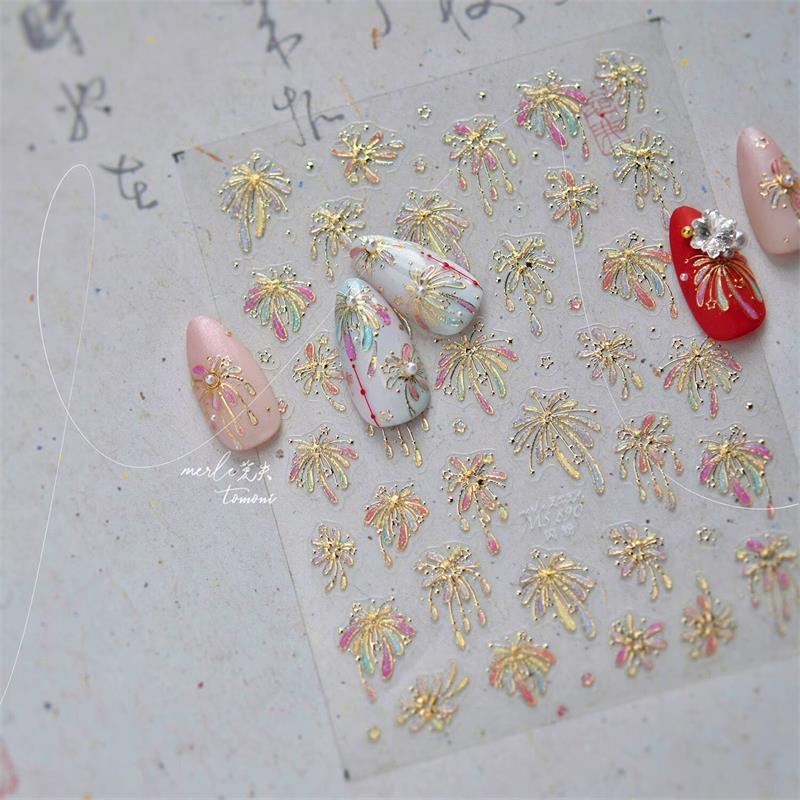 

Красивый красочный фейерверк замок блестящий романтичный пиротехника тиснение самоклеящиеся наклейки для дизайна ногтей новогодние наклейки для маникюра A2