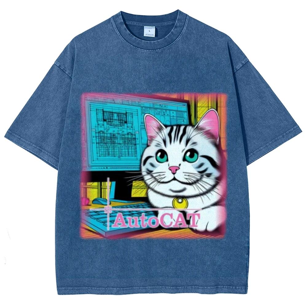 Water Wash vintage retro T-shirt big eyes cute cartoon cat print summer men's and women's Loose short sleeve