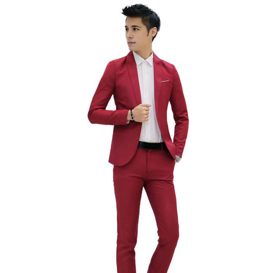2 stk/sett herre Slim Fit draktsett jakkeslag Langermet enkeltknappsdrakt kåpe Langbuksesett i ensfarget forretningsantrekk