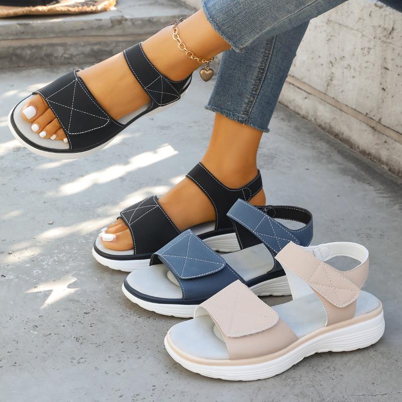 Cross Border Summer Velcro New Foreign Trade Large Size Platform Roman Beach One Line Sandals Women