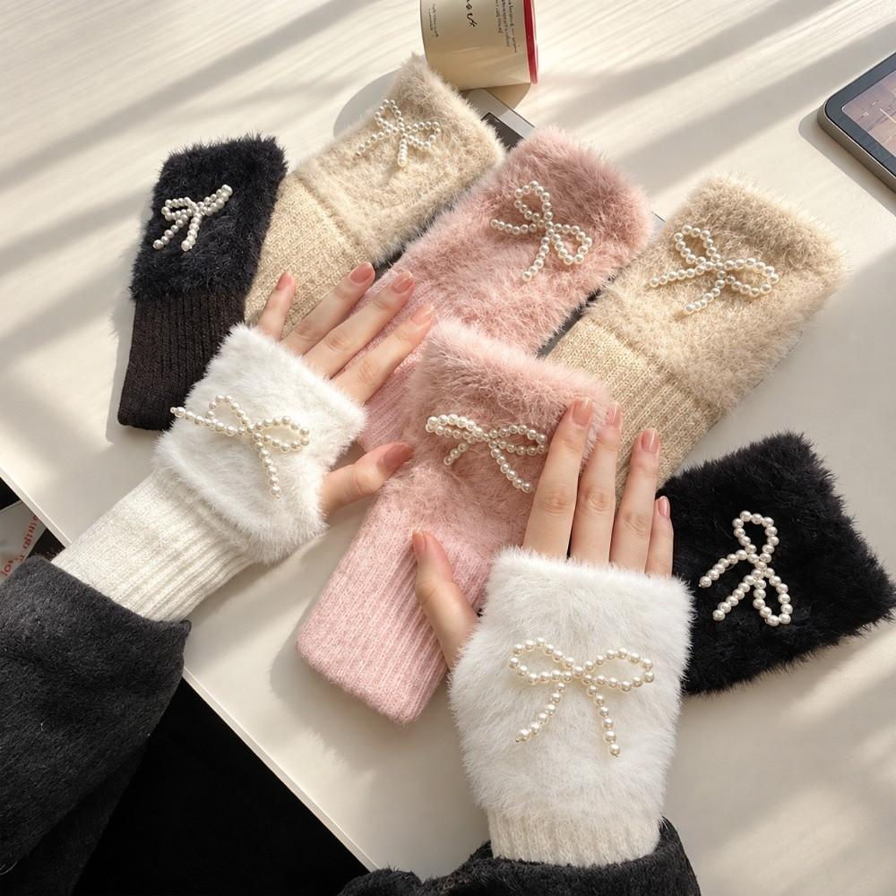Pearl Bowknot Winter Fingerless Gloves Thickened Bow Gloves Softo= Wrist Sleeves Winter