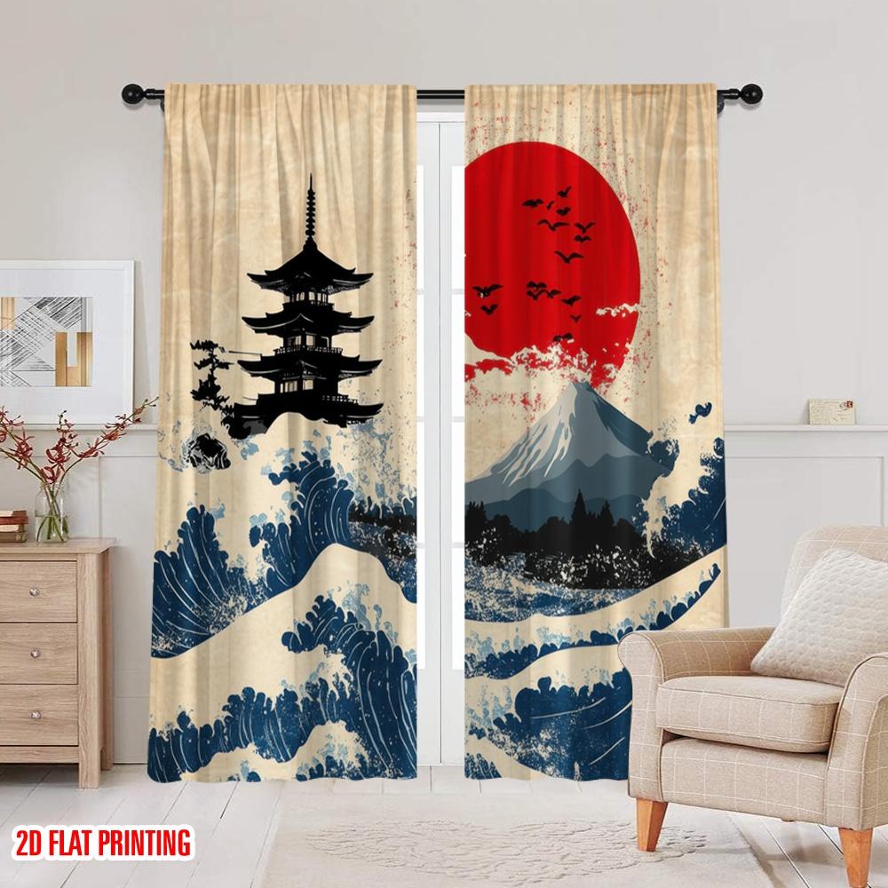 2 szt., druk płaski 2D Zasłona Popularna Japońska Spokój 100% Poliester (bez pręta) Dekoracja Domu Idealna do Salonu i Kuchni