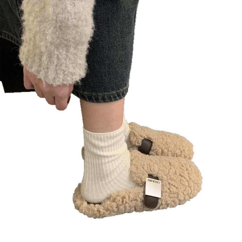 Lamb wool shoes women's winter wear 2025 new Korean version retro flat one-pedal bean shoes women's velvet cotton shoes