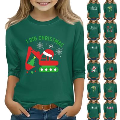 Print Tops For Youth Girls Round Neck 3/4 Sleeves T-Shirts Trendy Tops Outfit Tees