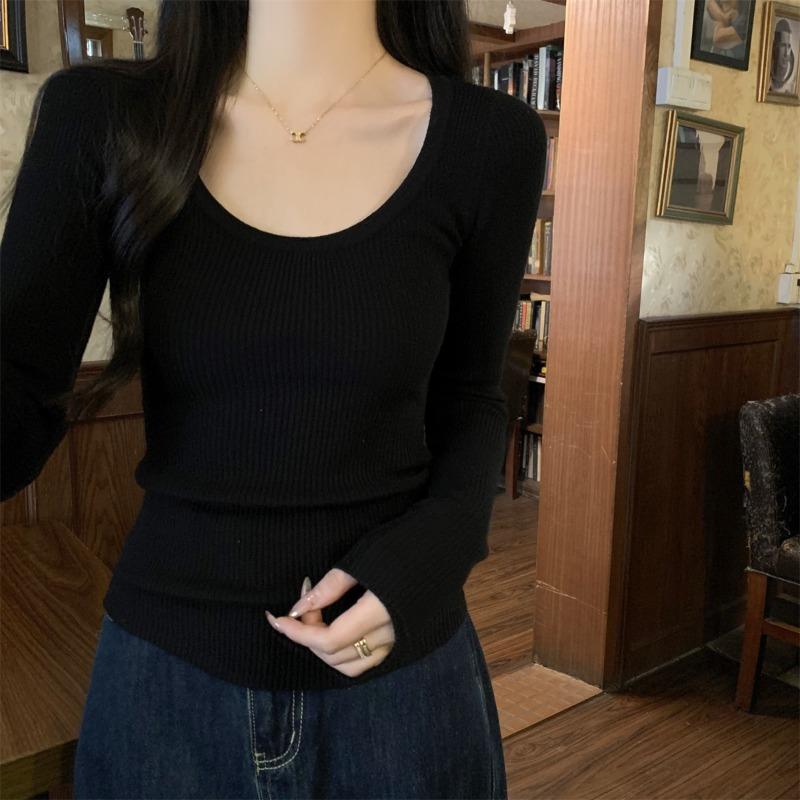 

Texture straight shoulder U soft waxy sweater women s knitted sweater autumn and winter new fashion with simple base top L чёрный