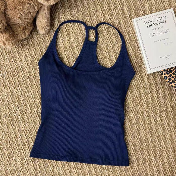 Women's Gray Strappy Tank Top with Chest Pads - Summer Cover for Armpit Fat, Beautiful Back - Perfect Base Layer for Spring and Autumn
