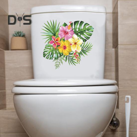 Toilettenaufkleber mit tropischen Blättern und Blumen, abnehmbar, selbstklebend, wasserdicht, PVC, Wanddekoration für Wohnzimmer und Badezimmer, Blumenmotiv, Toilettendeckel, Dekoration
