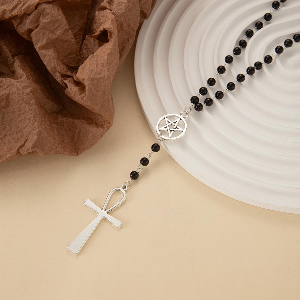 Vintage Cross Pendant, Black Bead Necklace, Sweet And Cool Style High-End Neck Chain, Niche Personality Long Fashion Item.
