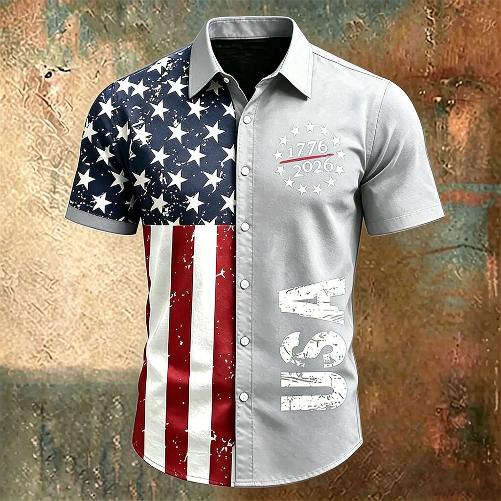 Men's Short Sleeve Collared Casual Shirt with USA Letter Print and Independence Day Theme Button Down Design for Spring Summer