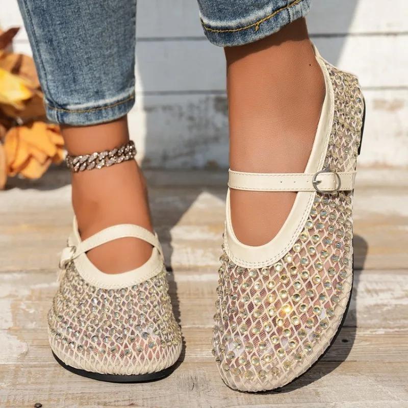 Fashion Mesh Breathable Rhinestone Fashion Versatile Women's New Foreign Style Niche Belt Flat Soft Soled Mary Jane Shoes Womens Shoes