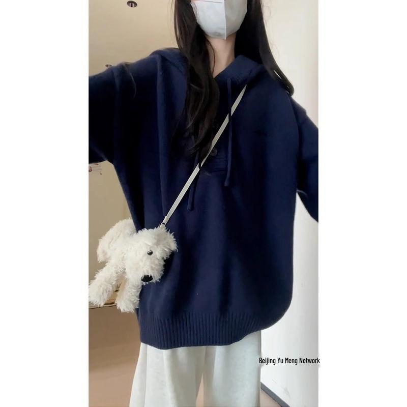 Women's Blue Hooded Knit Sweater - 2025 Autumn/Winter Loose Korean Style