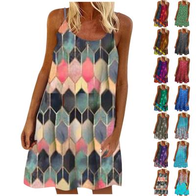 Women's Fashion Retro Multicolor Printed Loose Pullover Suspender Dress