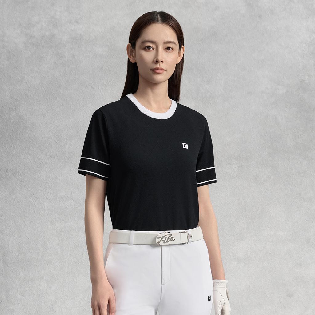 Fila Golf Series Trendy Fashion Casual Sports Versatile Sweet Cool Style Breathable Soft Comfortable Fitted Short Sleeve Knit Top A11W535413FBK