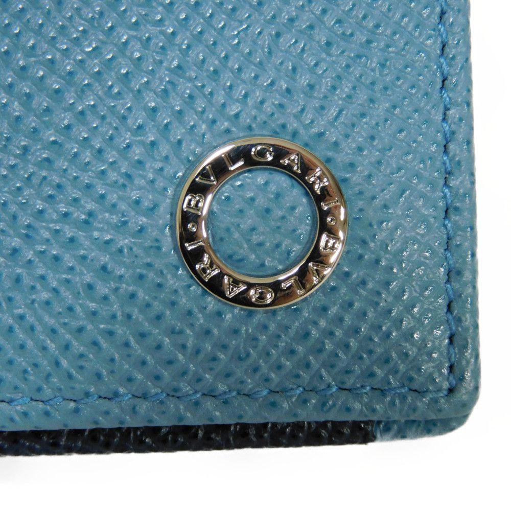 Used Bulgari Man Business Card Holder 7946 Navy Bi-Color Calfskin Bifold RFID Case (11679) Logo Metal Light Blue Men's