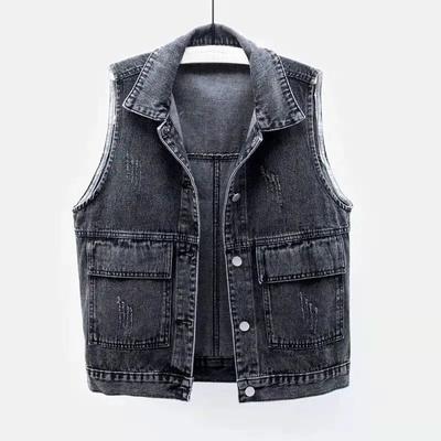 Gilet Giacca Cappotti Denim Sfilacciato Vintage Senza Maniche Largo Monopetto da Donna Moda Coreana Cappotto Corto da Donna Primavera
