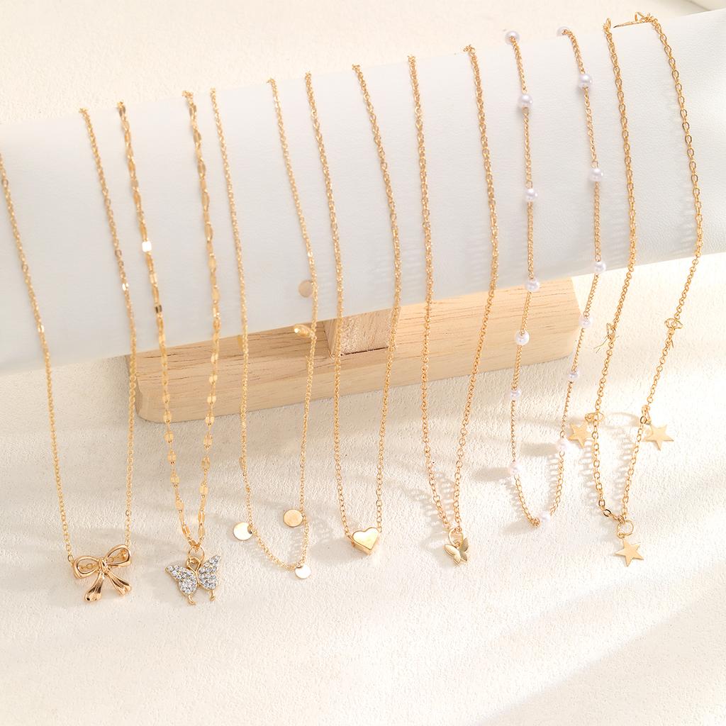 7pcs Elegant Bowknot Imitation Pearl Necklace Set For Women Star Heart Chain Necklaces Fashion Jewelry Gift Daily Wear