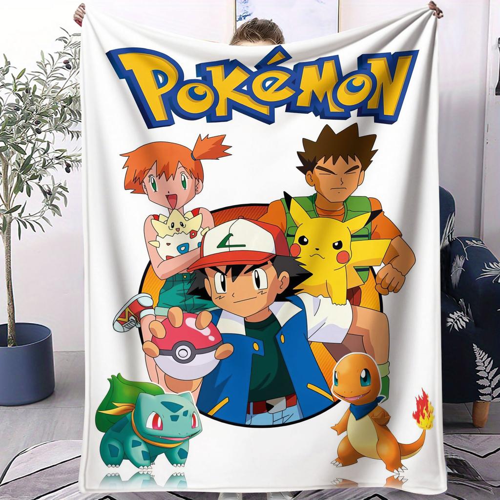 Pokémon Anime Flannel Blanket Vibrant Pikachu Ash Print Soft Warm Throw Sofa Bed Cover Camping Nap Cape Kids Adults Fans Gift