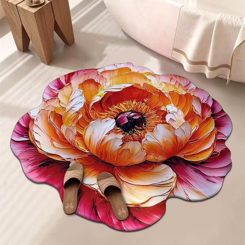3D Květinový Koberec Koupelnový Absorpční Domácí Protiskluzový Odolný vůči Nečistotám Snadno Udržovatelný Předložka