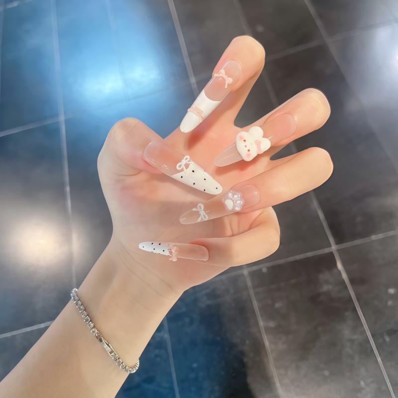Pure Desire 3D Little Bear Nude French Press-on Nails with Bow & Heart