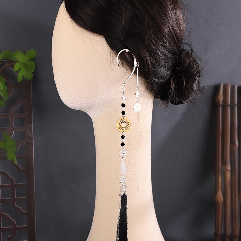 1pair Ancient Style Coin Ear Cuff with Tassel, Mountain Ghost Coin Ear Jewelry, Hanfu Matching Vintage Ornaments for Men and Women