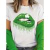 European Size Plus Size - Women'S White Glitter Green Drip Lip and Clover Pattern T-Shirt | St.  Casual Short Sleeve Round Neck, Glossy Lip Print