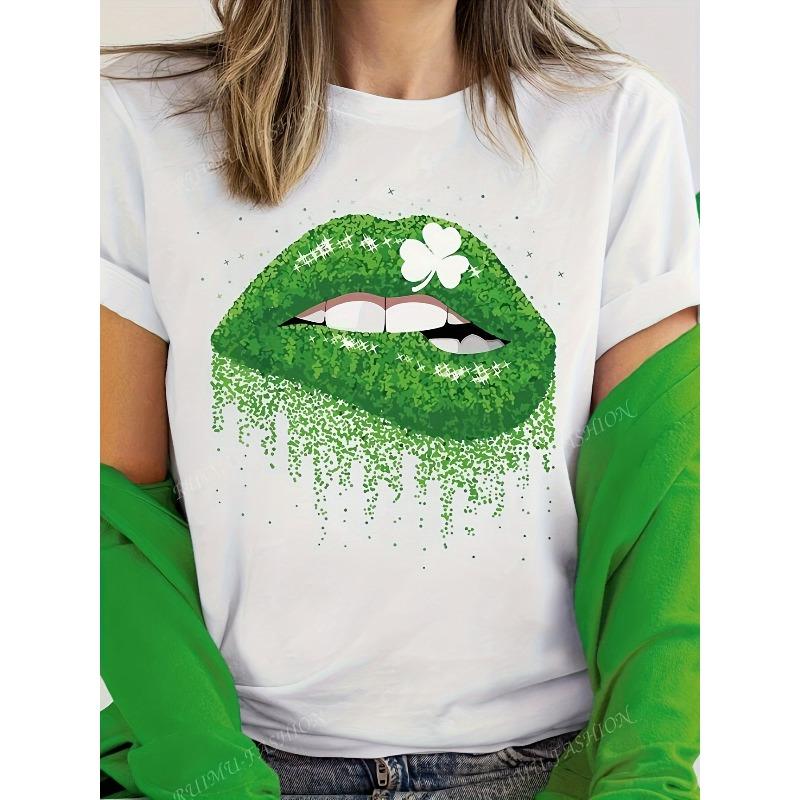 

European Size Plus Size - Women S White Glitter Green Drip Lip and Clover Pattern T-Shirt | St. Casual Short Sleeve Round Neck, Glossy Lip Print 4XL білий