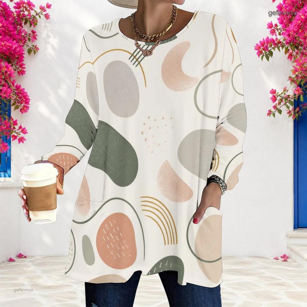 Women Plus Size Round Neck Long Sleeve Abstract Print Loose Longline T Shirt With Pockets